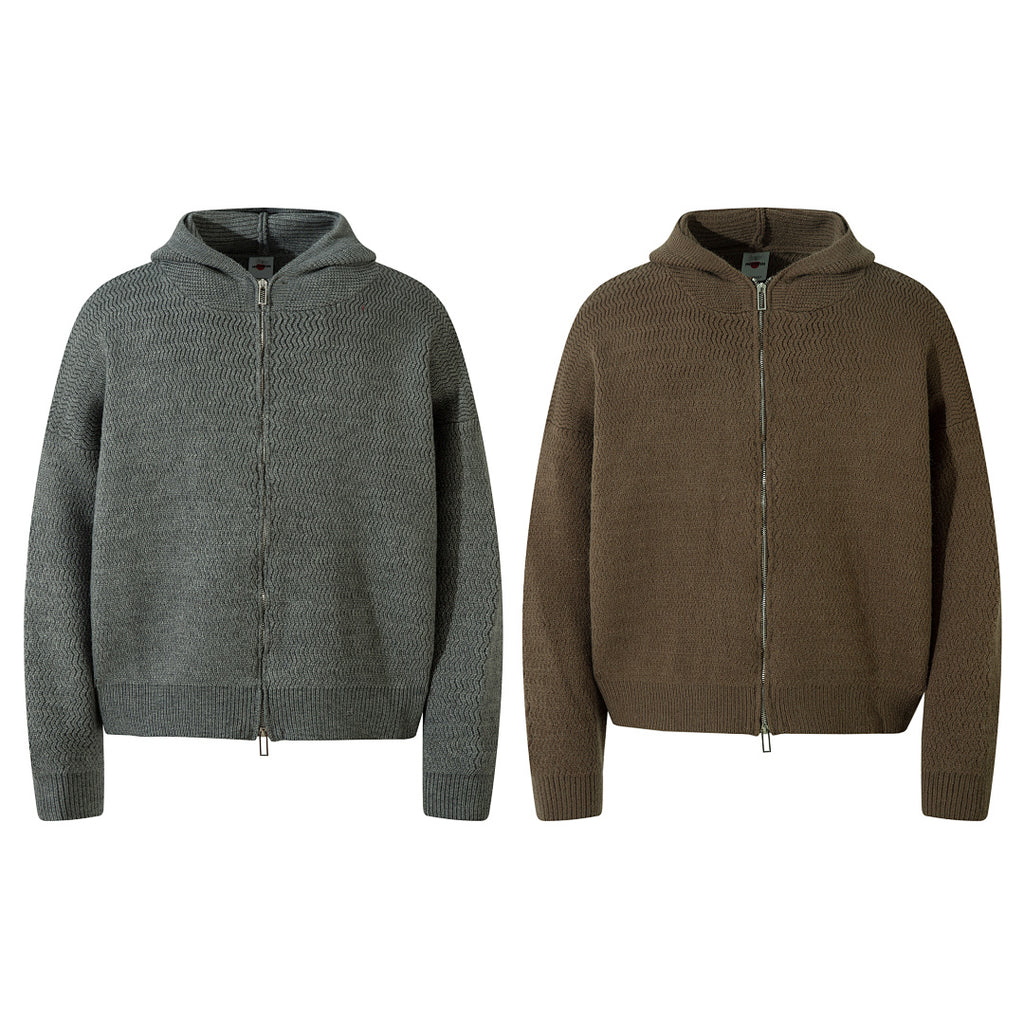 Hooded zip-up knit sweater