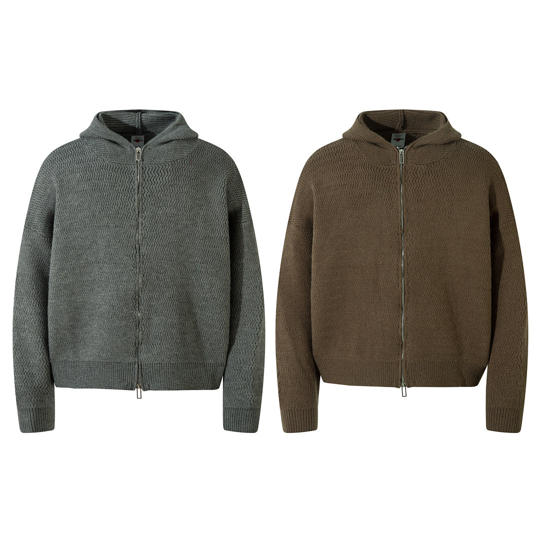 Hooded zip-up knit sweater