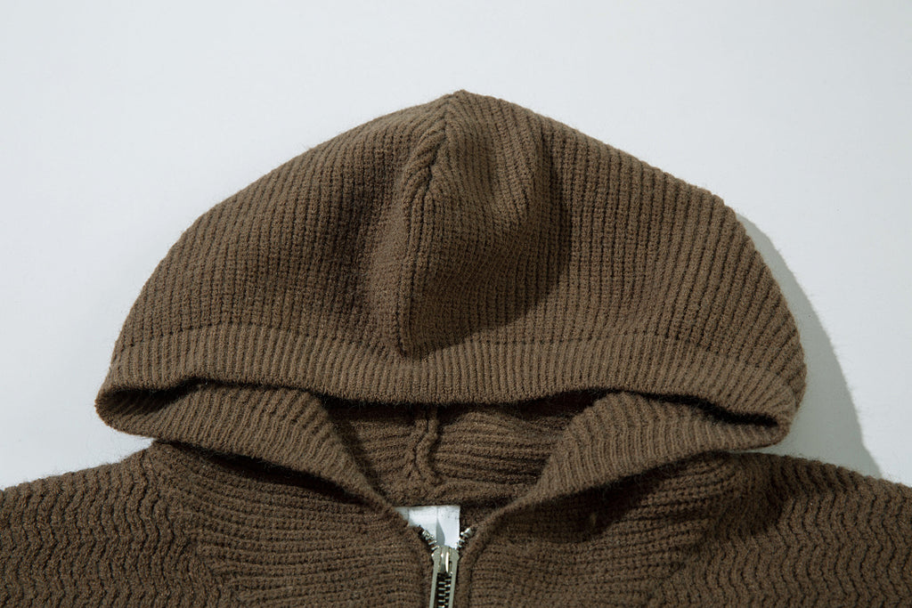 Hooded zip-up knit sweater