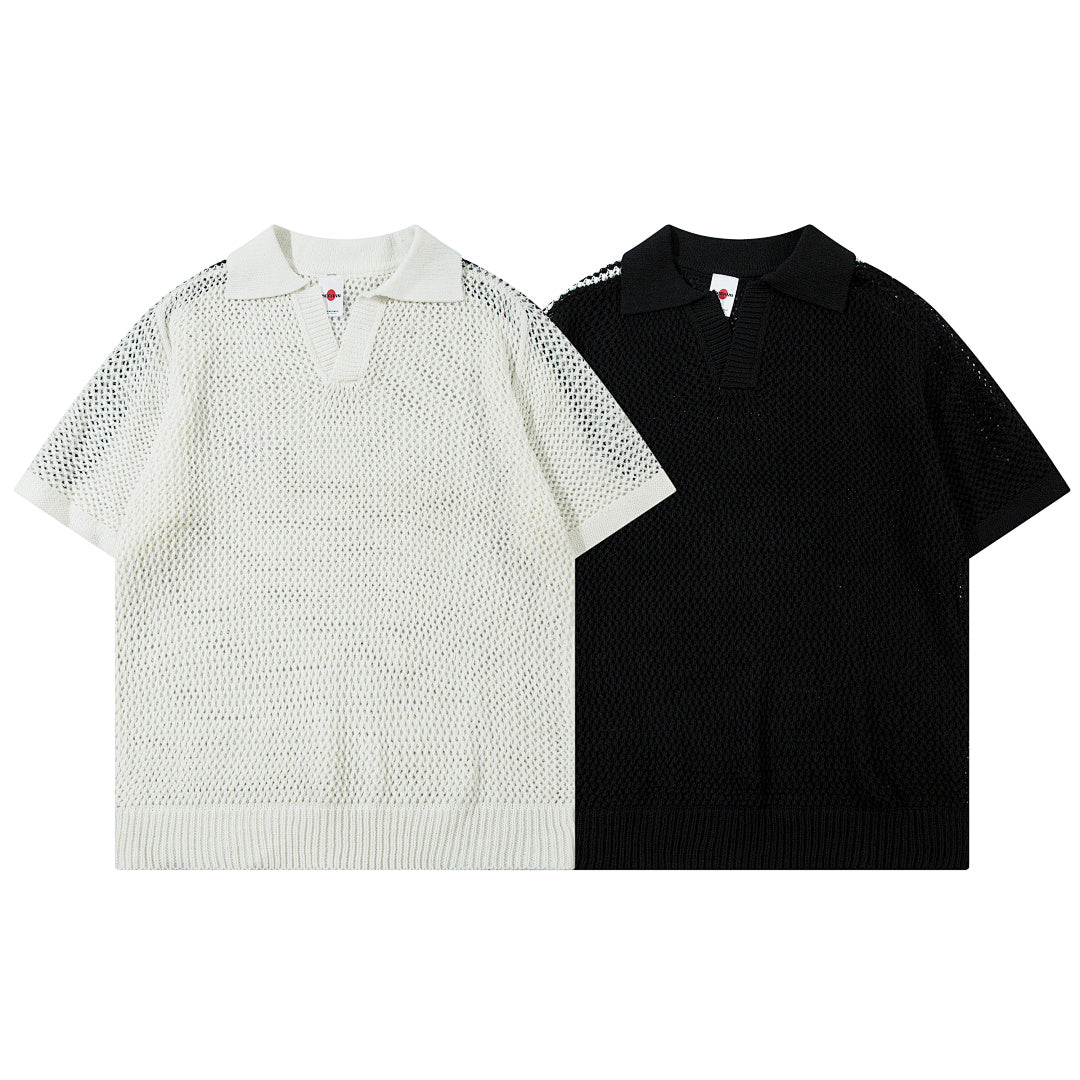 Short-sleeved knit sweater Black, Apricot