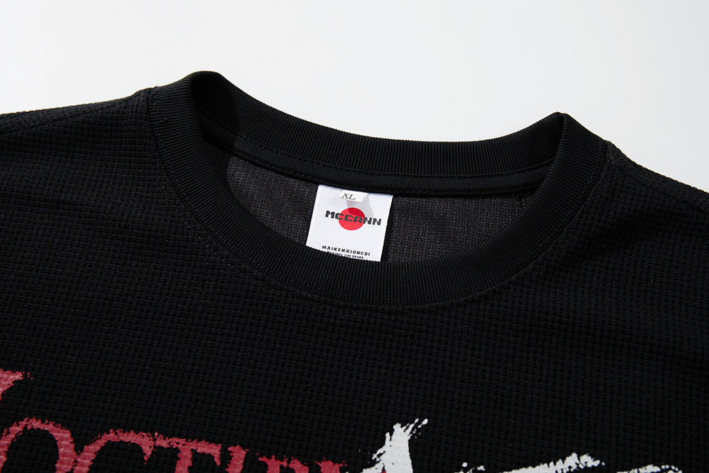 Waffle-knit short-sleeve T-shirt, black