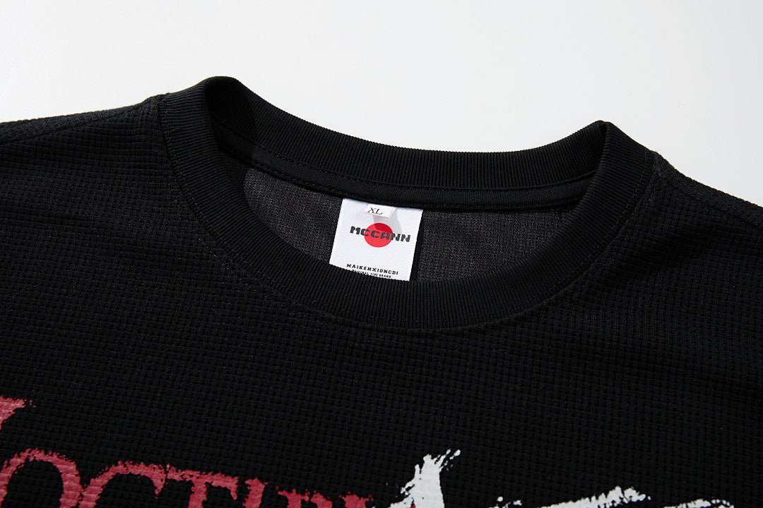 Waffle-knit short-sleeve T-shirt, black