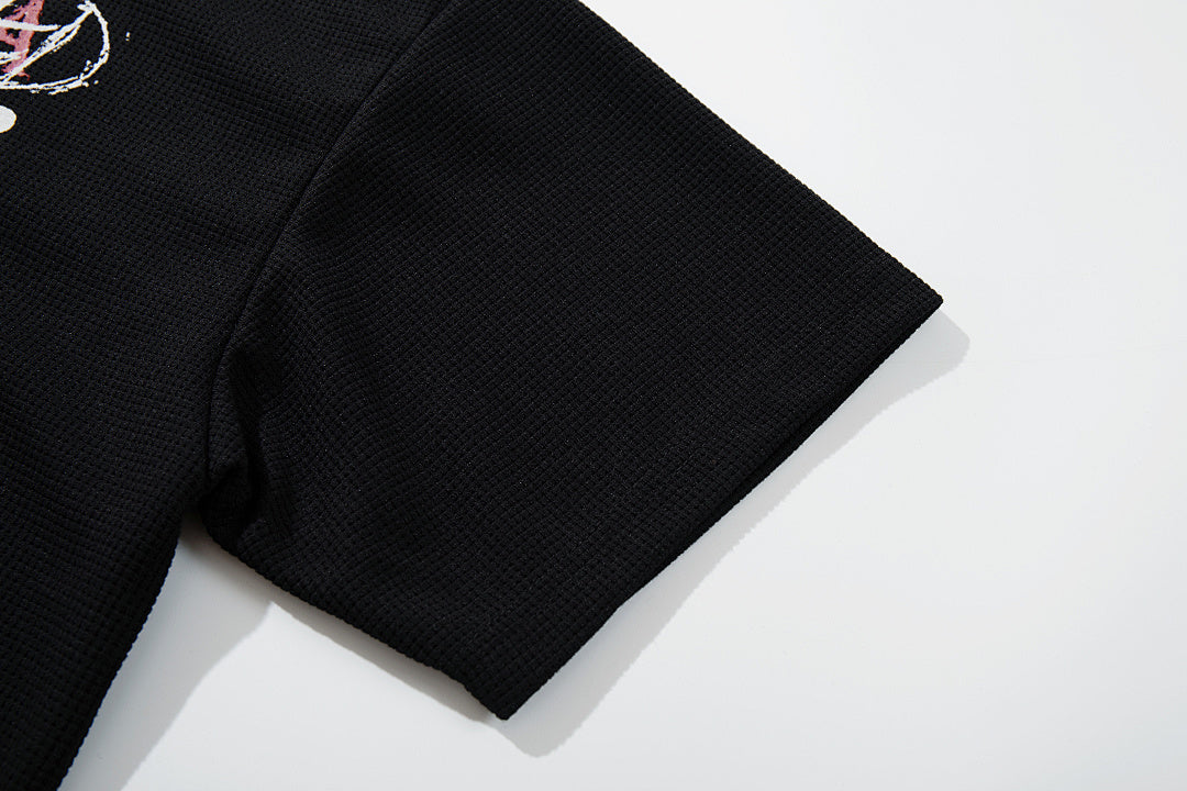 Waffle-knit short-sleeve T-shirt, black