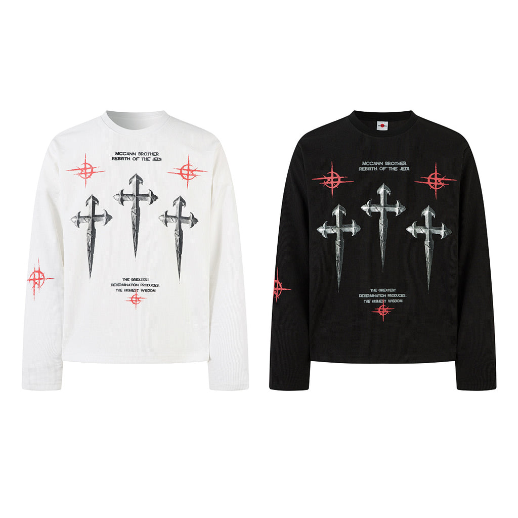 Waffle-knit long-sleeve T-shirt, black, white