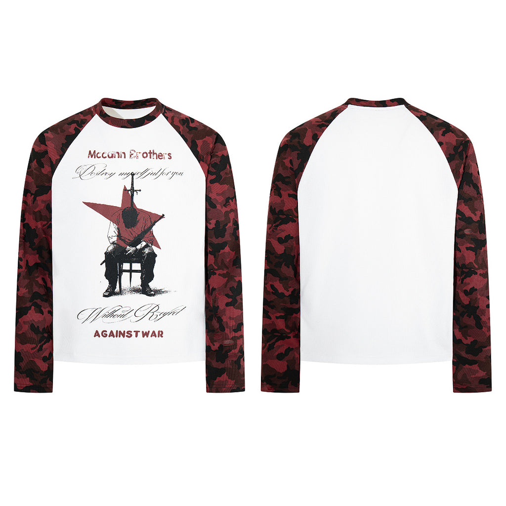 Red long-sleeve raglan T-shirt with camouflage pattern