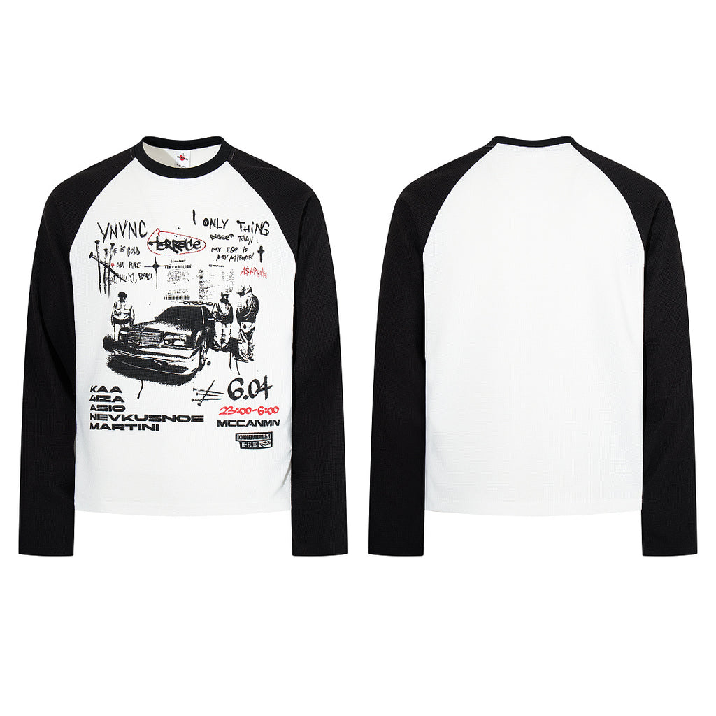 White long-sleeve waffle-knit raglan T-shirt