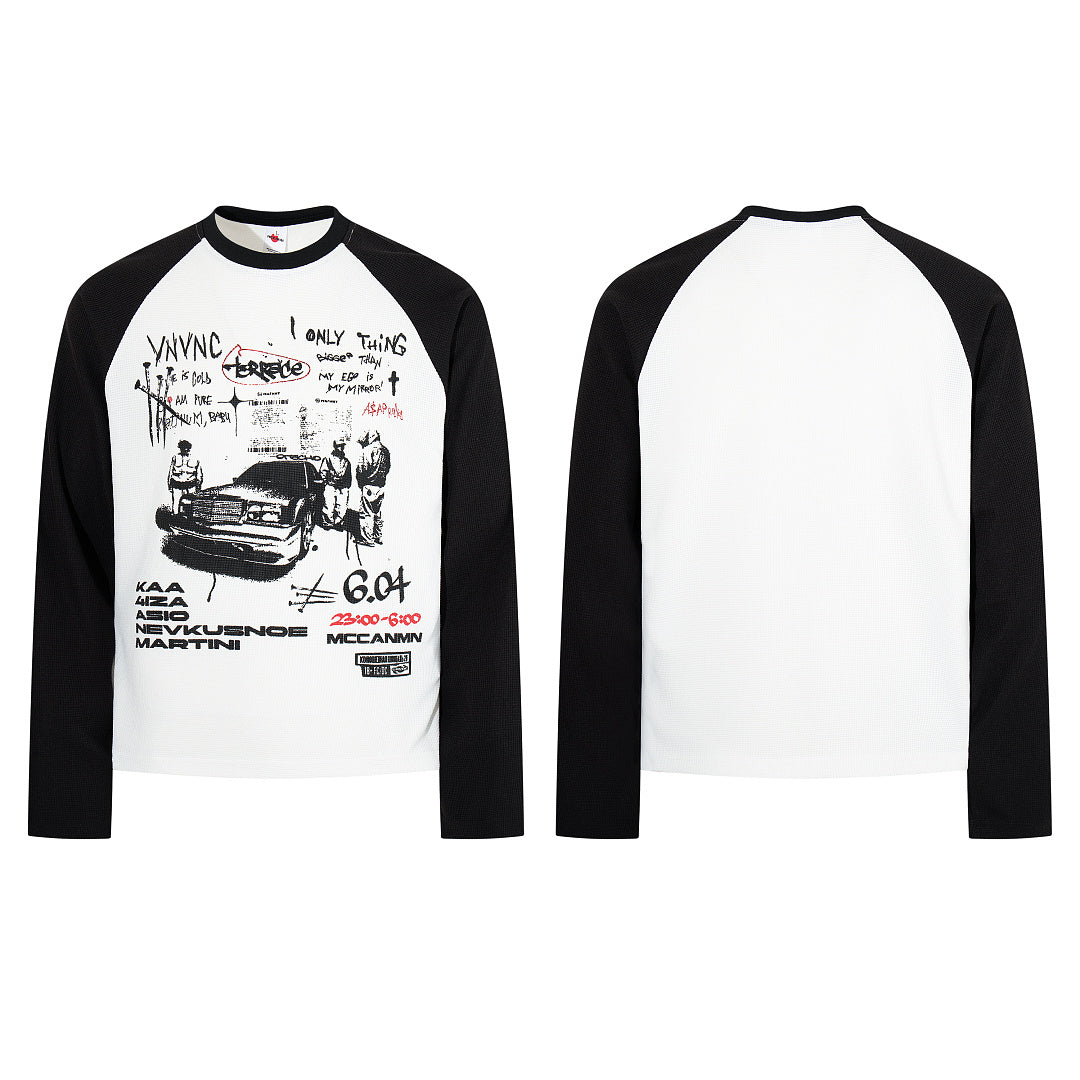 White long-sleeve waffle-knit raglan T-shirt