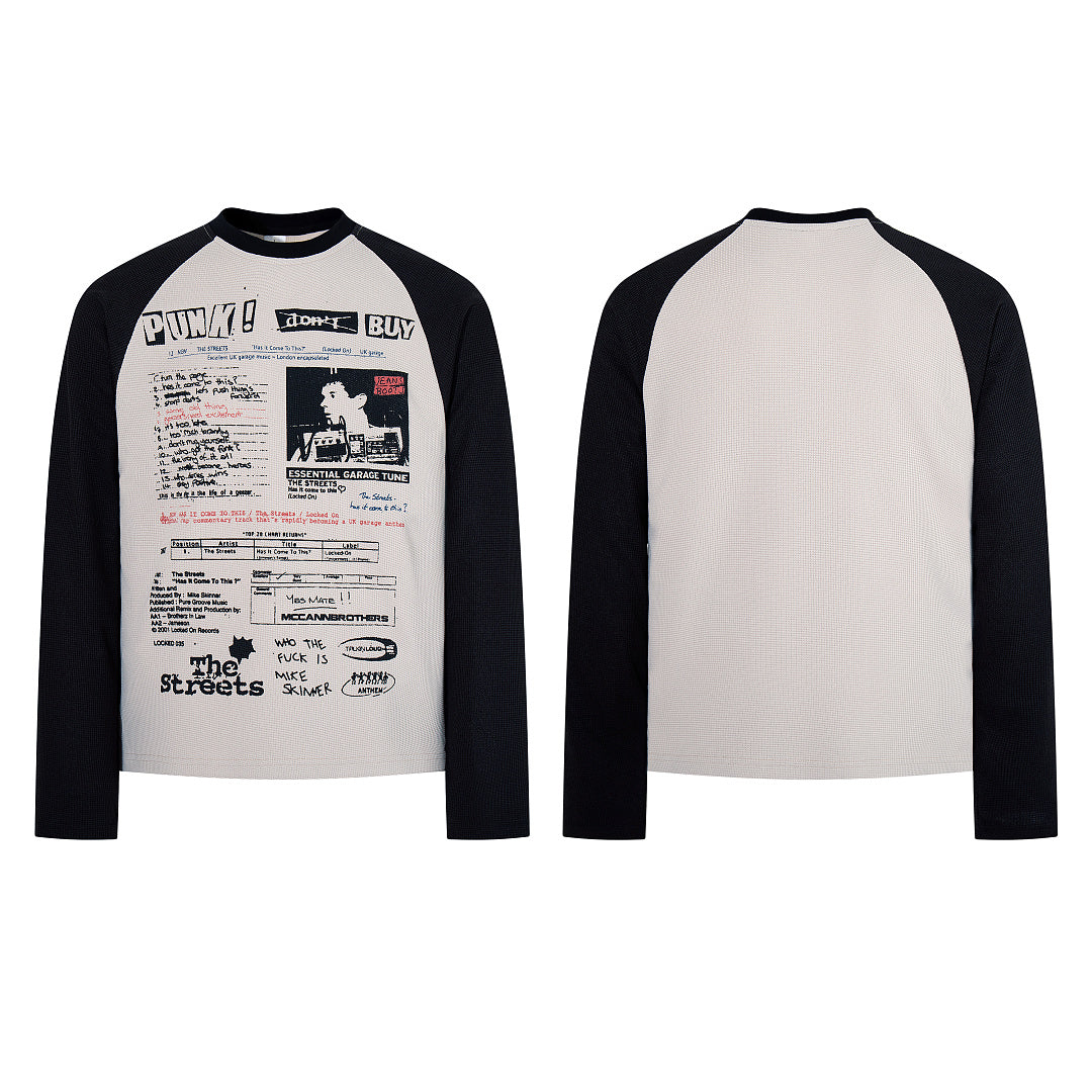 Black long-sleeve waffle-knit raglan T-shirt