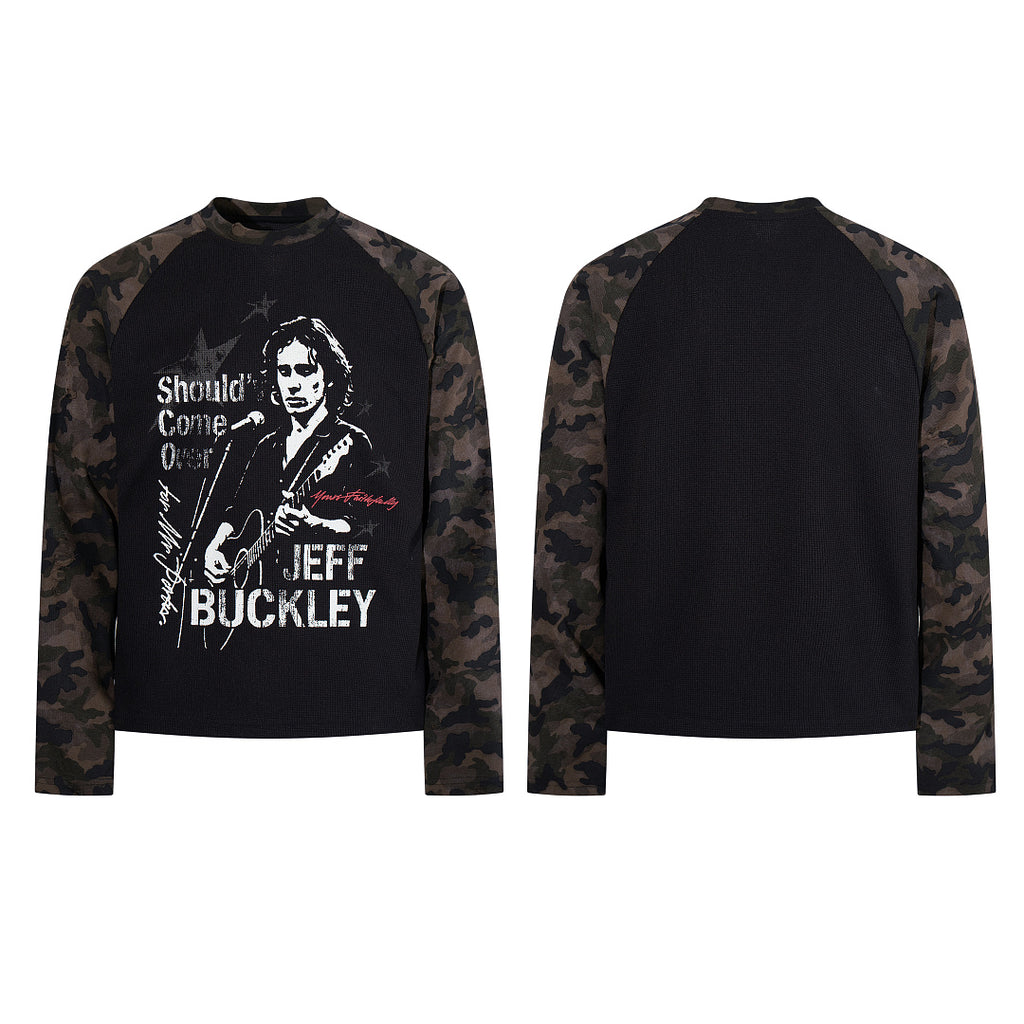 Black long-sleeve raglan T-shirt with camouflage pattern