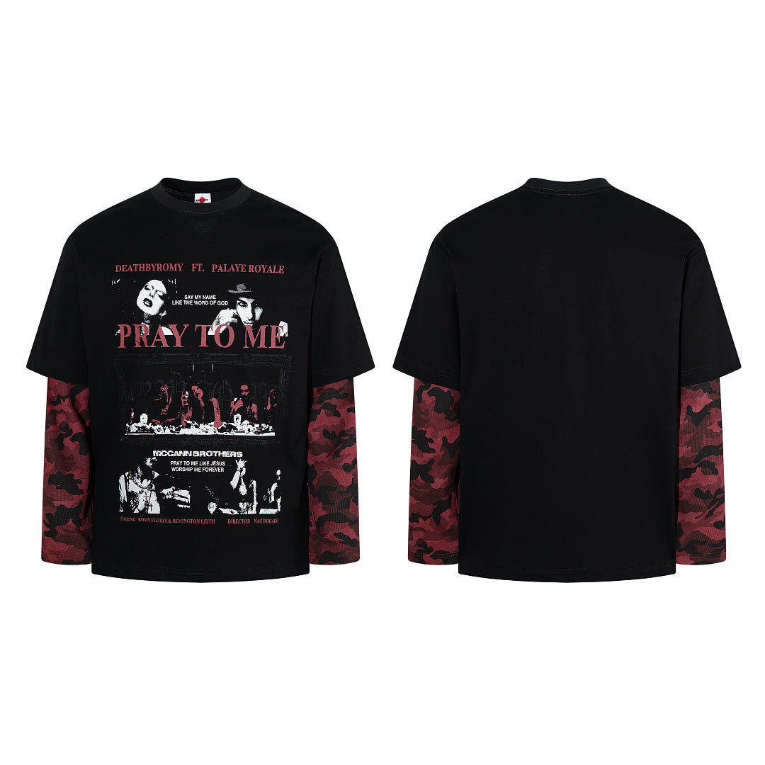 Double-layer-look long-sleeve T-shirt (dual-fabric style) – Black