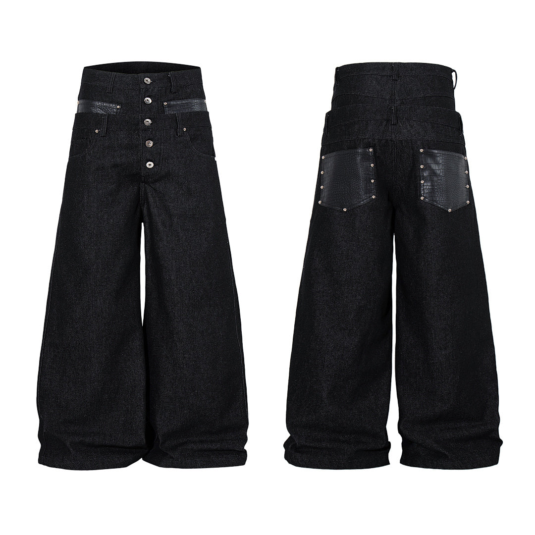 Raw denim double-waisted jeans
