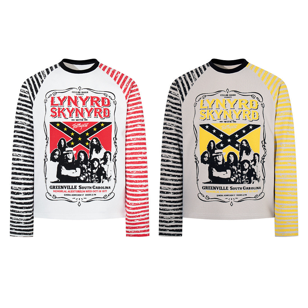 Waffle-knit raglan long-sleeve T-shirt, white and gray.