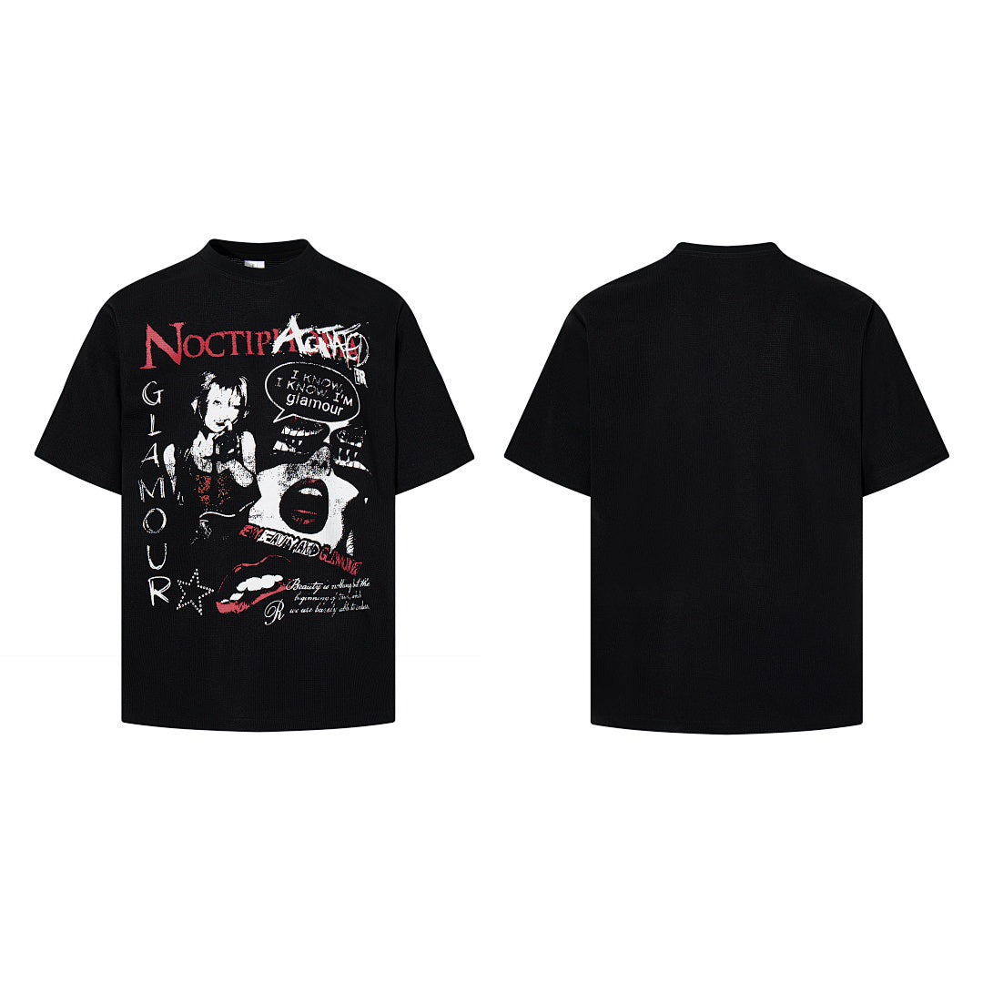 Waffle-knit short-sleeve T-shirt, black